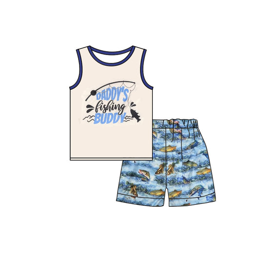 preorder BSSO0454 Daddys Fishing Buddy Sleeveless Blue Shorts Boys Set