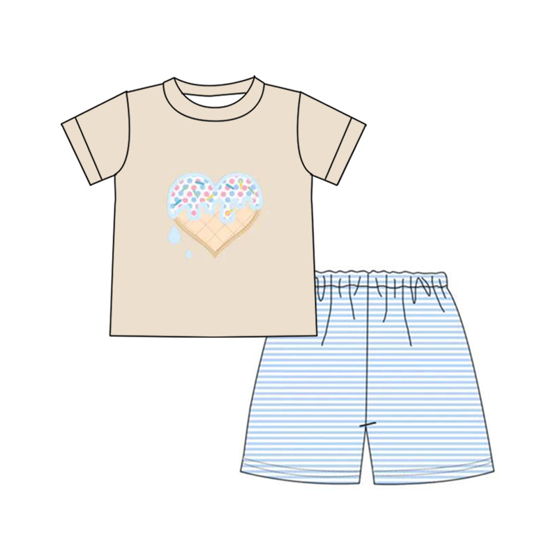 preorder BSSO0458 Valentine's Day Heart Khaki Short Sleeve Blue Striped Shorts Boys Set