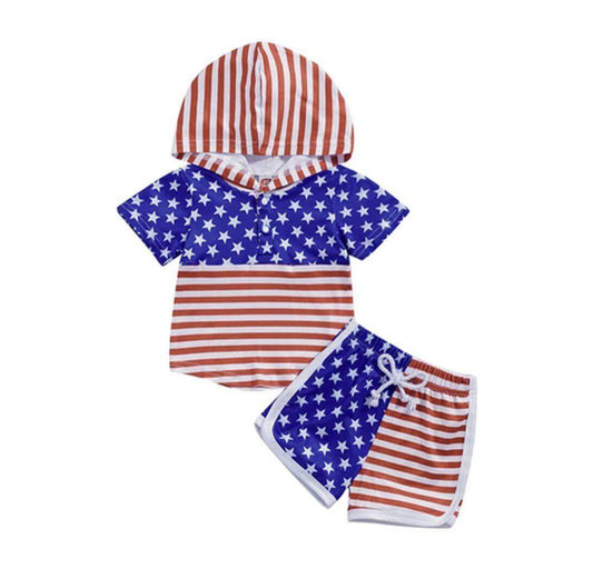 preorder BSSO0463 July 4th Star Red Striped Hoodie Shorts Boys Set