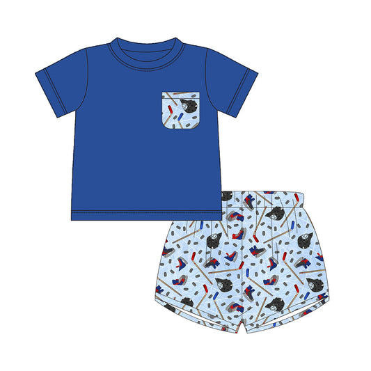 preorder BSSO0468 Baby Boy ice hockey Pocket Blue Short Sleeve Shorts Boys Set Kids Summer Ball Clothes