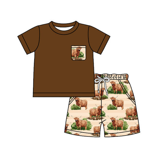 preorder BSSO0482 Boy Highland Cow Brown Short Sleeve Shorts Boys Set Kids Western Clothes