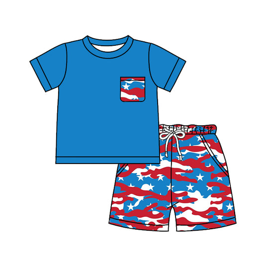 custom moq 3 Boy Star Pocket Short Sleeve Red Blue Print Shorts Boys Set Kids July 4th Clothes