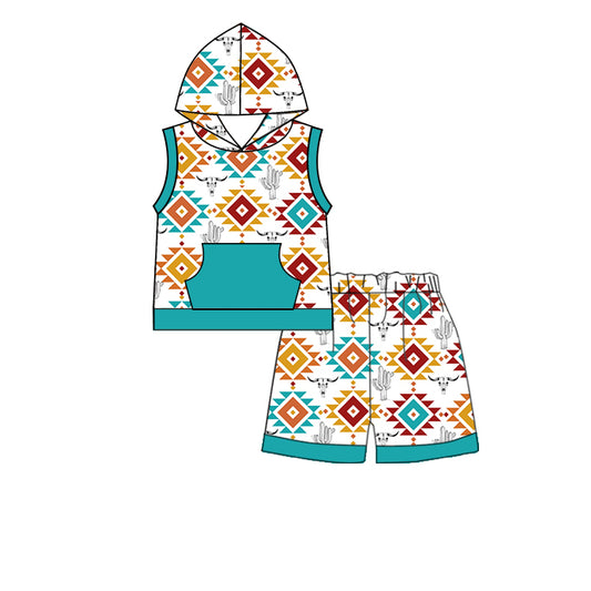 preorder BSSO0484 Western Aztec Cow Cactus Pocket Sleeveless Hoodie Boys Set