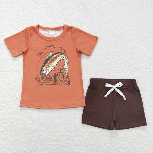 BSSO0489 Boy Fishing Orange Short Sleeve Brown Pockets Shorts Boys Set Kids Hunting Clothes
