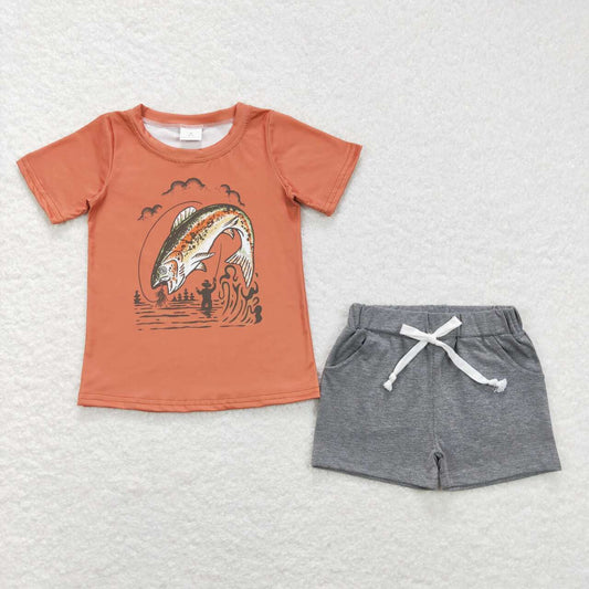 BSSO0490 Boy Fishing Orange Short Sleeve Grey Pockets Shorts Boys Set Kids Hunting Clothes
