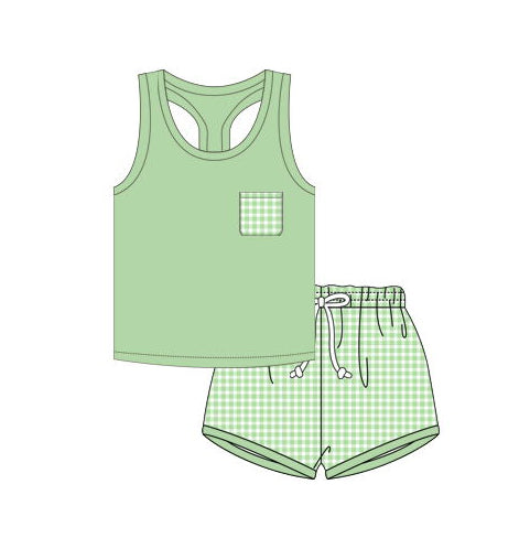 preorder GSSO0511 Green Pocket Sleeveless Checkered Shorts Boys Summer Set