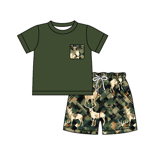 preorder BSSO0493 Deer Camo Pocket Green Short Sleeve Short Boys Set Kids Hunting Clothes
