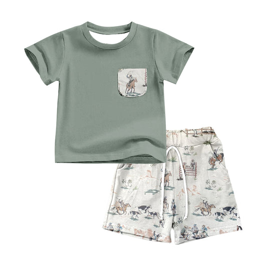 preorder BSSO0494 Western Rodeo Pocket Green Short Sleeve White Shorts Boys Set