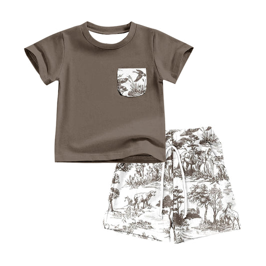 preorder BSSO0495 Western Rodeo Brown Pocket Short Sleeve White Shorts Boys Set