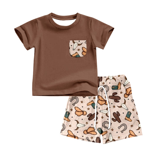 preorder BSSO0496 Western Cow Cactus Hat Boot Brown Pocket Short Sleeve Shorts Boys Set