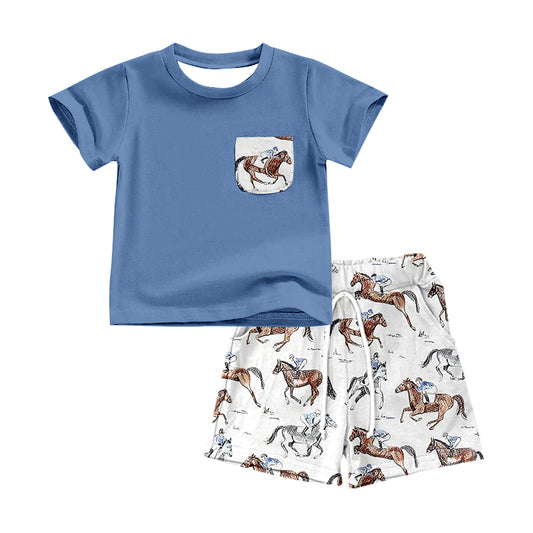 preorder BSSO0497 Western Rodeo Pocket Blue Short Sleeve White Shorts Boys Set