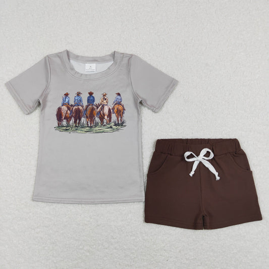 BSSO0500 Western Rodeo Grey Short Sleeve Brown Cotton Shorts Boys Set