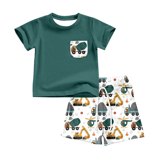 preorder BSSO0501 Construction Truck Pocket Green Short Sleeve Shorts Boys Set