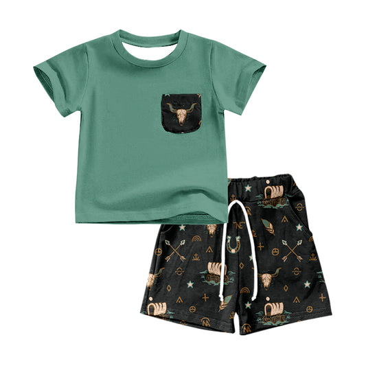 preorder BSSO0502 Western Cow Green Pocket Short Sleeve Horse Shoe Shorts Boys Set