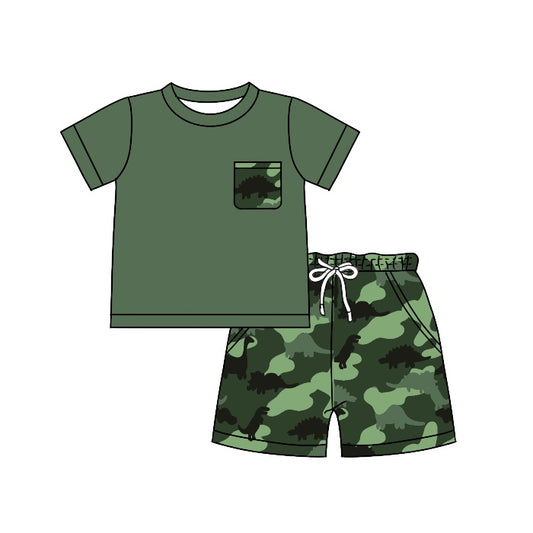 preorder BSSO0504 Dinosaur Camo Pocket Green Short Sleeve Shorts Boys Summer Set