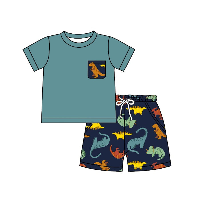 preorder BSSO0505 Colorful Dinosaur Pocket Blue Short Sleeve Navy Shorts Boys Summer Set