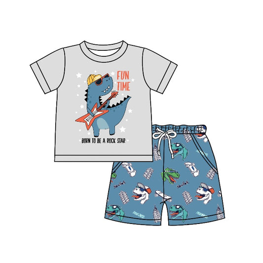 preorder BSSO0506 Fun Time Rock Dinosaur Short Sleeve Blue Shorts Boys Summer Set