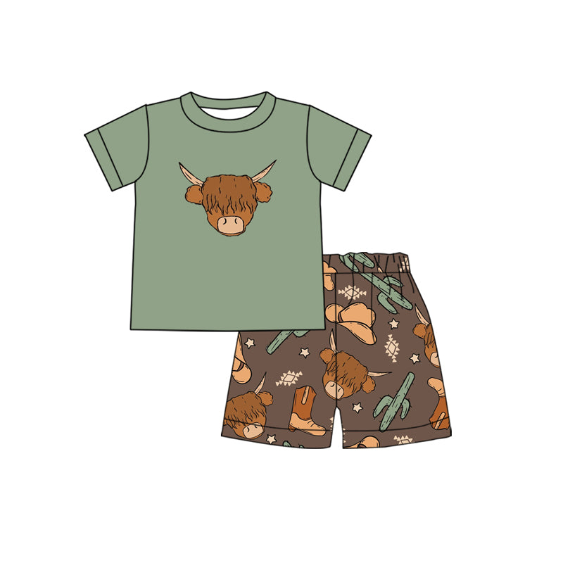 preorder BSSO0508 Highland Cow Green Short Sleeve Boot Cactus Shorts Boys Set
