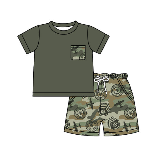 preorder BSSO0510 Camo Plane Dark Green Pocket Short Sleeve Shorts Boys Summer Set