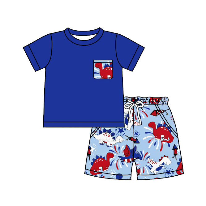 preorder BSSO0511 July 4th Dinosaur Blue Pocket Short Sleeve Shorts Boys Summer Set