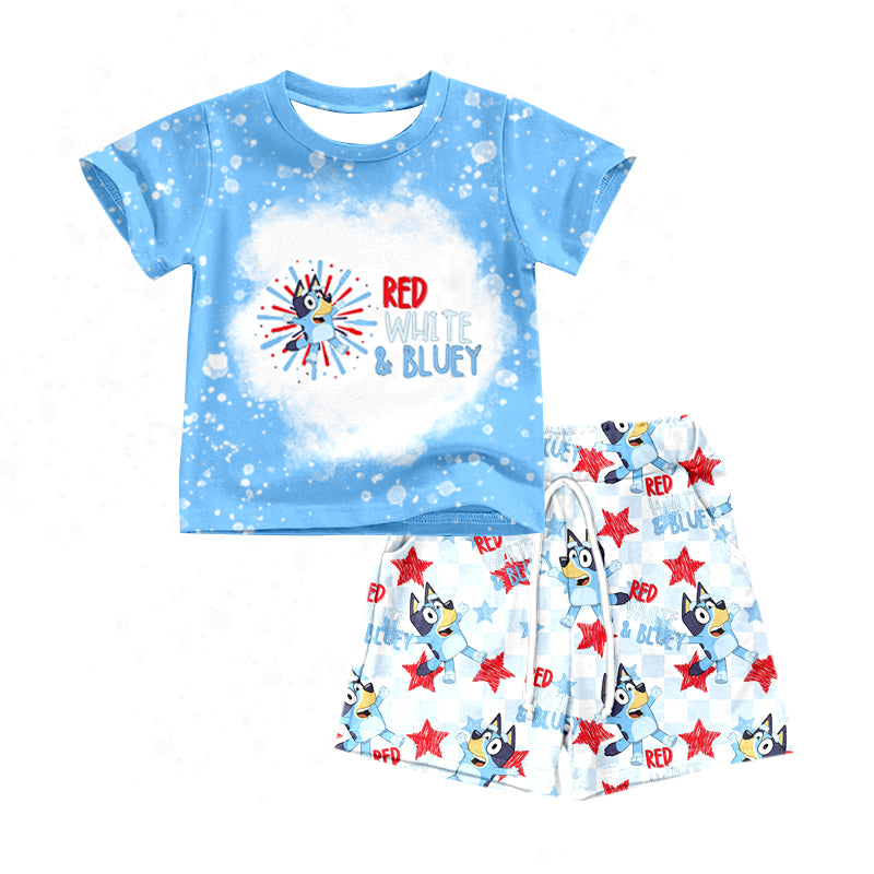 preorder BSSO0515 July 4th Cartoon Blue Dog Red White Blue Short Sleeve Shorts Boys Set