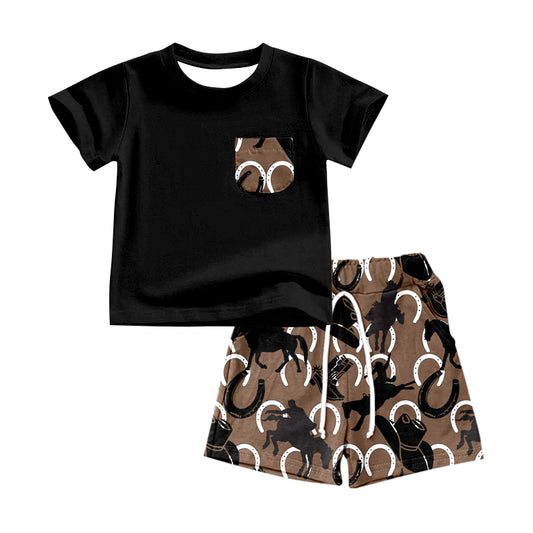 preorder BSSO0517 Western Rodeo Black Pocket Short Sleeve Brown Shorts Boys Set