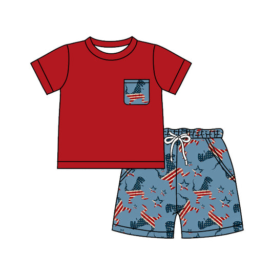 preorder BSSO0519 July 4th Dinosaur Red Pocket Short Sleeve Blue Shorts Boys Set