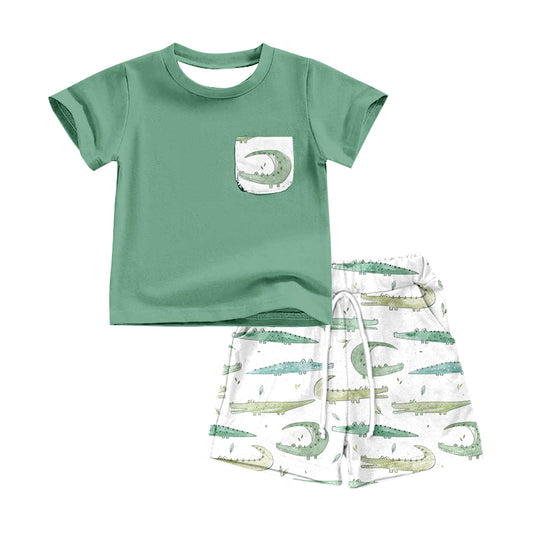 preorder BSSO0527 Crocodile Green Pocket Short Sleeve Shorts Boys Set
