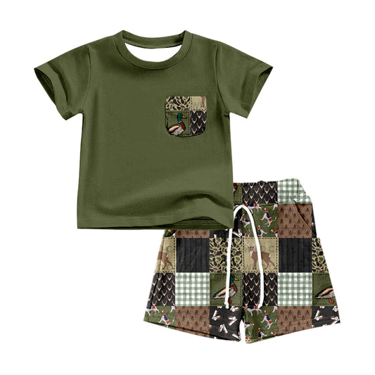 preorder BSSO0528 Hunting Mallard Deer Green Pocket Short Sleeve Camo Shorts Boys Set