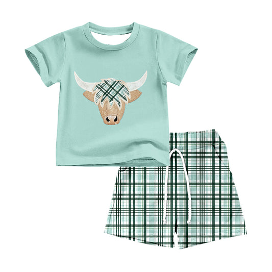 preorder BSSO0530 Cow Green Short Sleeve Green Checkered Shorts Boys Set