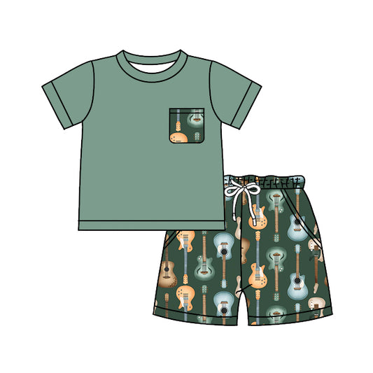preorder BSSO0533 Guitar Green Pocket Short Sleeve Dark Green Shorts Boys Set