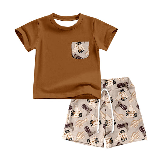 preorder BSSO0534 Western Pocket Brown Short Sleeve Wild Boot Cactus Shorts Boys Set