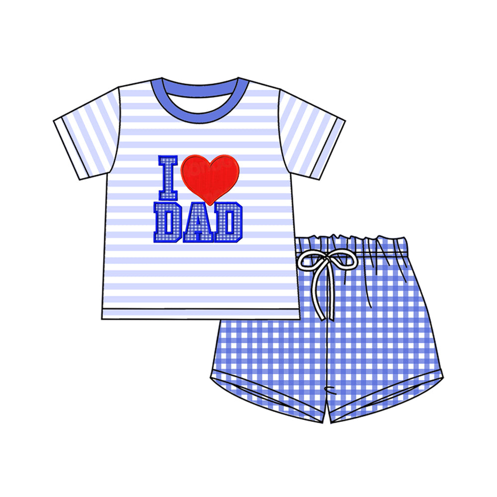 preorder BSSO0536 I Love Dad Heart Blue Striped Short Sleeve Blue Checkered Shorts Boys Set
