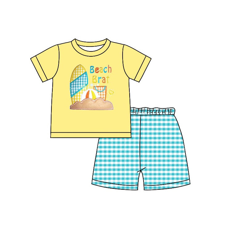 Preorder BSSO0548 Beach Brat Yellow Short Sleeve Green Checkered Shorts Boys Set