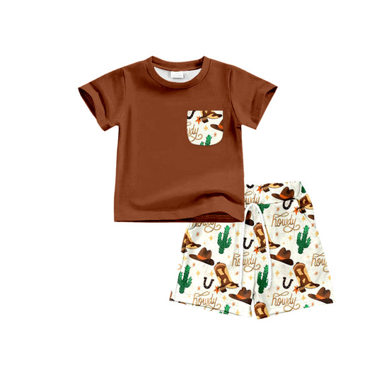 preorder BSSO0554 Western Pocket Brown Short Sleeve Cactus Boot Hat Shorts Boys Set