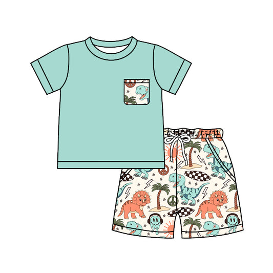 preorder BSSO0555 Green Pocket Short Sleeve Colorful Dinosaur Shorts Boys Set