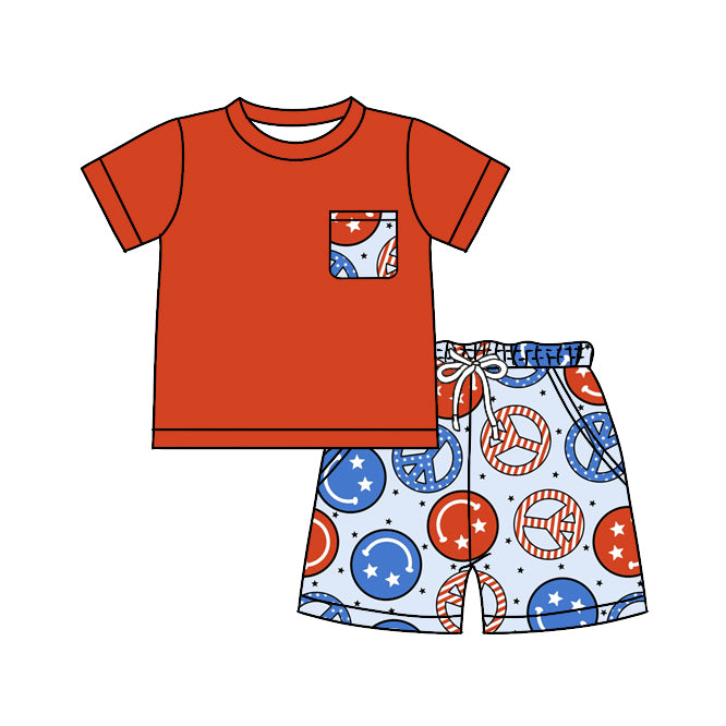 preorder BSSO0564 July 4th Red Pocket Short Sleeve Red Blue Smile Shorts Boys Summer Set