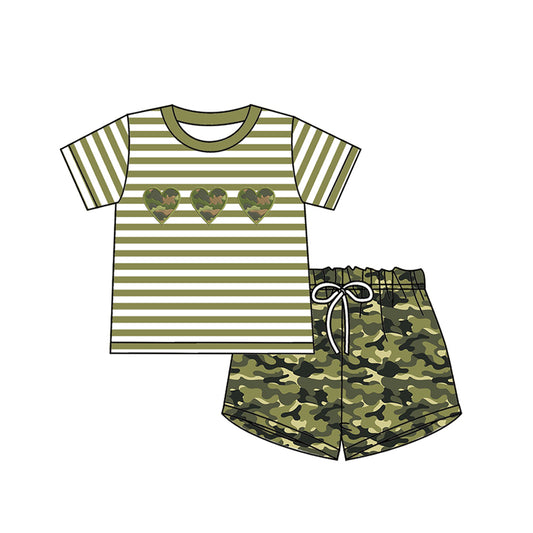 preorder BSSO0568 Camo Heart Green Striped Short Sleeve Camo Shorts Boys Set