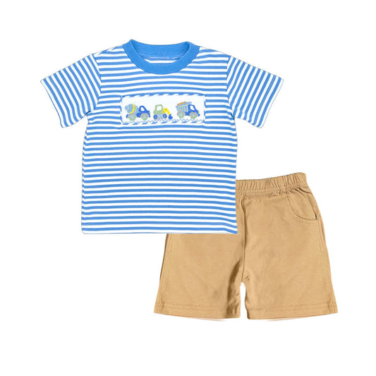 BSSO0572 embroidery Construction Truck Blue Striped Short Sleeve Khaki Shorts Boys Set