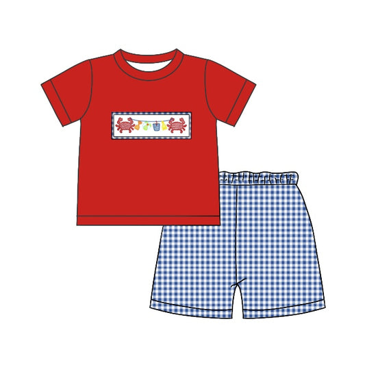 preorder BSSO0575 Crab Beach Red Short Sleeve Blue Checkered Shorts Boys Set
