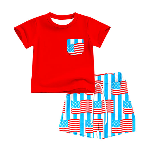 preorder BSSO0577 July 4th Pocket Red Short Sleeve Flag Shorts Boys Set