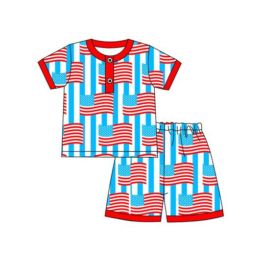 preorder BSSO0578 July 4th Red Blue Flag Short Sleeve Shorts Boys Pajamas