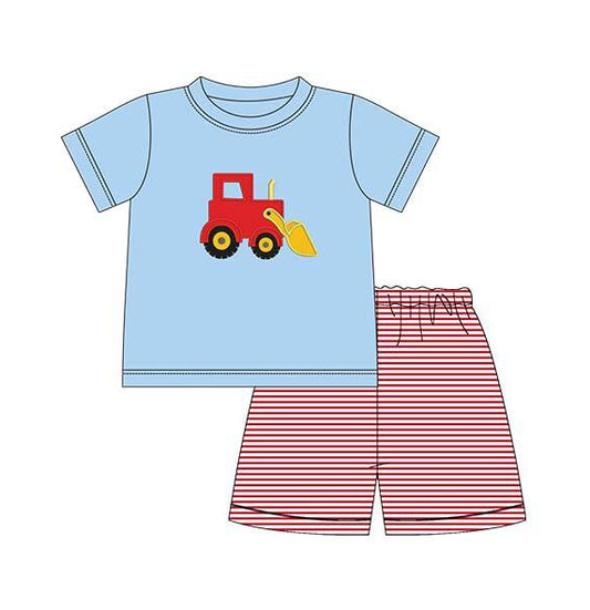 preorder BSSO0581 Construction Truck Blue Short Sleeve Red Striped Shorts Boys Set