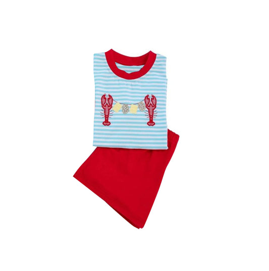 preorder BSSO0585 Crayfish blue striped short sleeve red shorts boys set