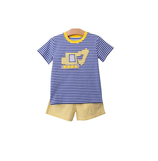 preorder BSSO0590 Construction truck navy striped short sleeve khaki shorts boys set