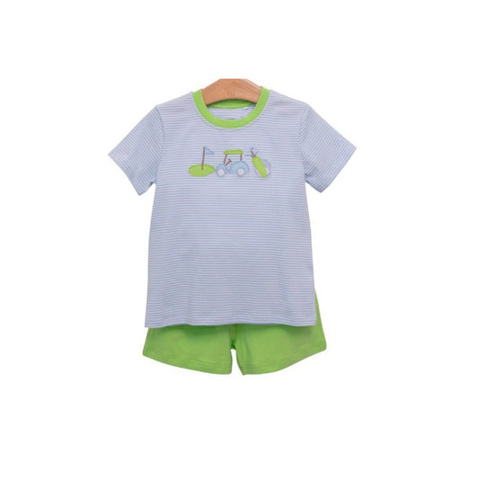 preorder BSSO0591 Play golf car blue striped short sleeve green shorts boys set