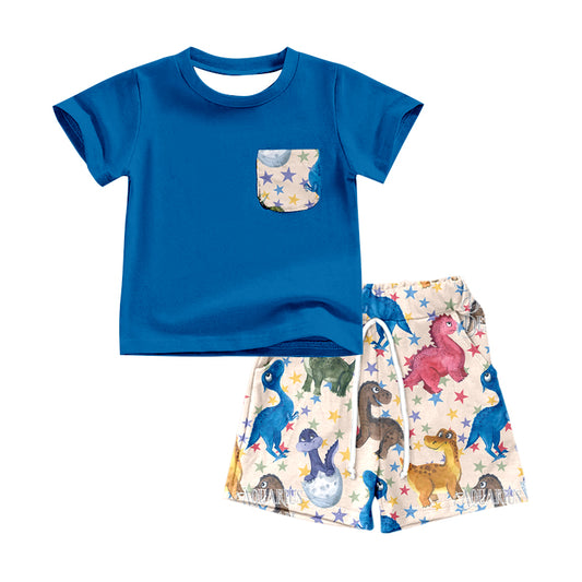 preorder BSSO0594 Dinosaur pocket blue short sleeve star shorts boys set