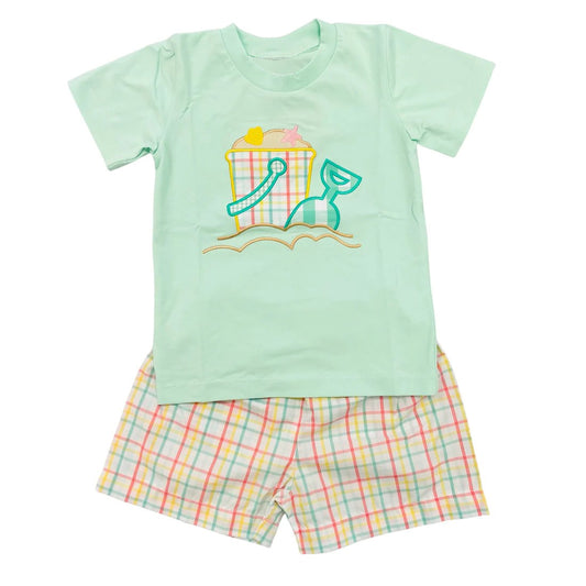 preorder BSSO0600 Beach tool green short sleeve colorful striped checkered shorts boys Summer set