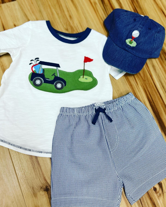 preorder BSSO0601 Golf car short sleeve blue striped shorts boys Summer set