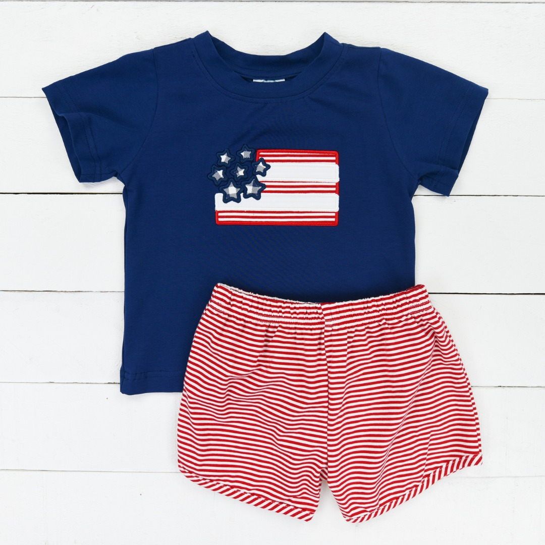 Preorder BSSO0603 July 4th flag navy short sleeve red striped shorts boys set